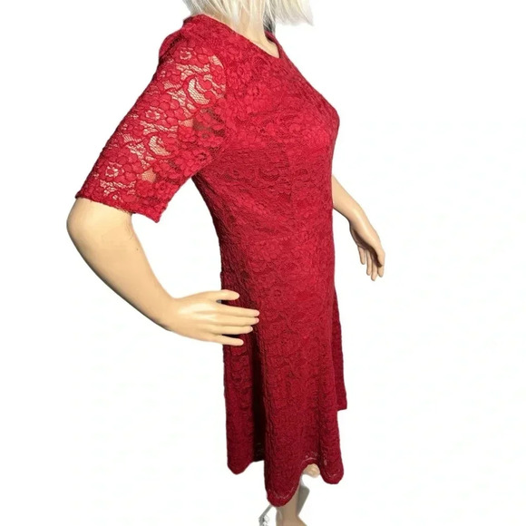 TALBOTS Romantic Red Lace Dress Half Sleeve Midi A Line Classic Lined Sz 2/4 - Picture 7 of 13
